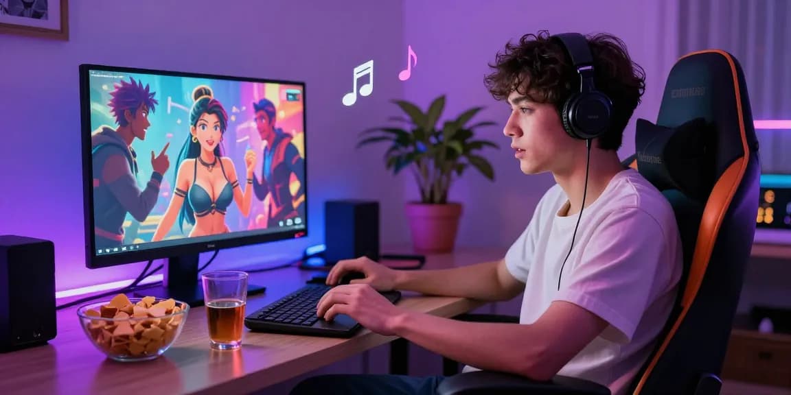 User engaging in an AI hentai chat with animated characters on laptop in vibrant, inviting setting.