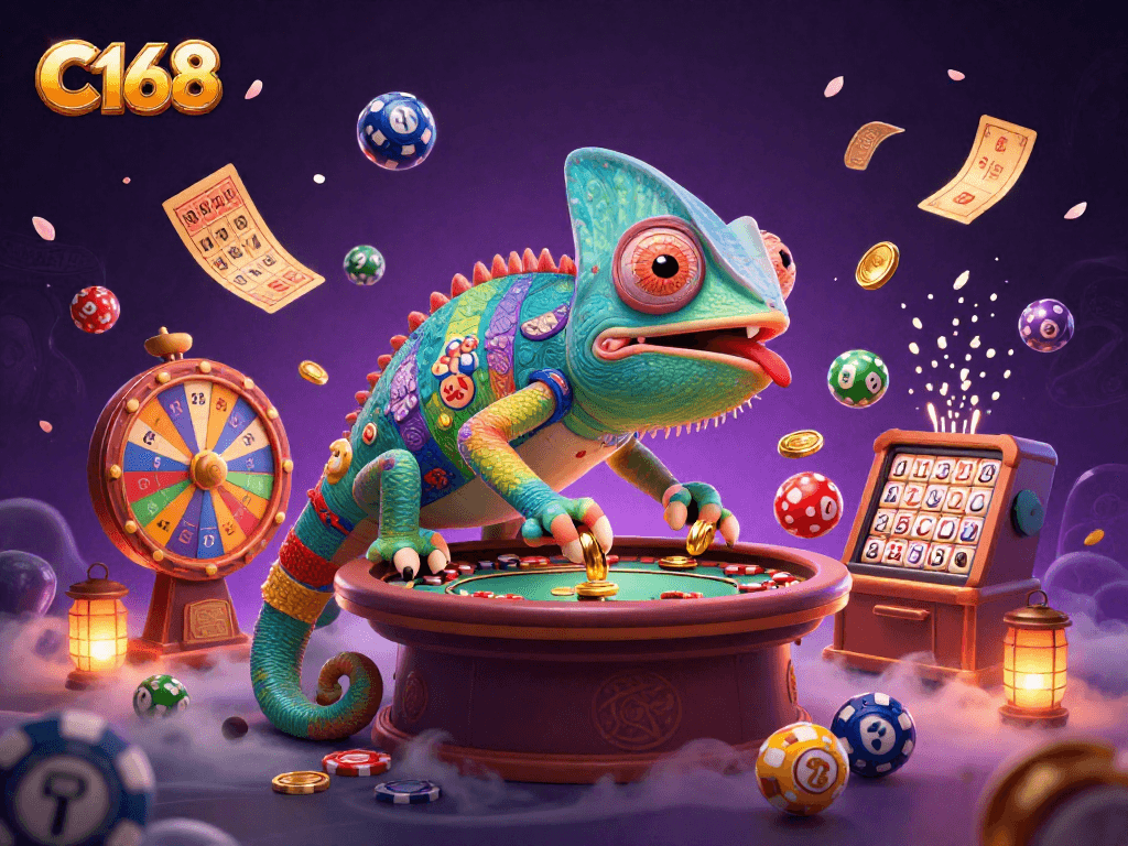 C168 chameleon casino owner capturing golden coins, animated lottery balls, and an exciting atmosphere