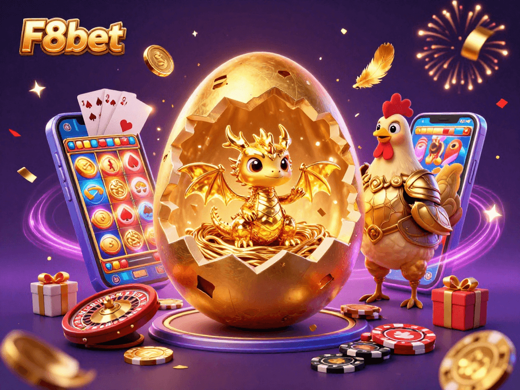 Experience excitement at F8bet with golden dragon and festive casino elements in a vibrant scene.