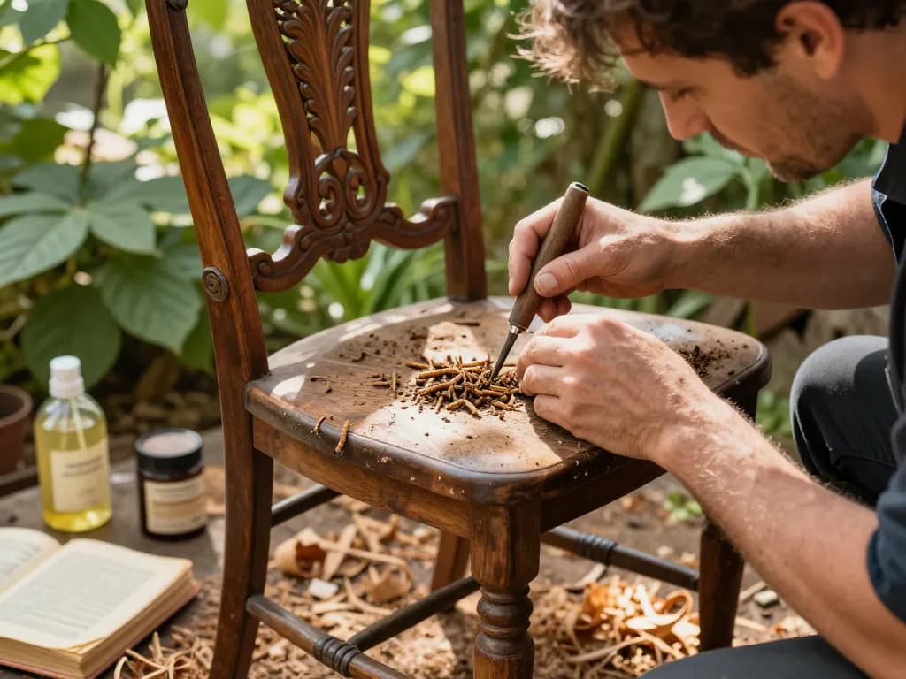 Restauratore esperto di mobili che affronta l'infestazione di tarli del legno con trattamenti naturali in un tranquillo giardino.