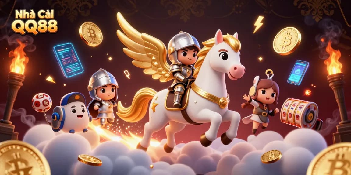 Engage with Nhà Cái QQ88's vibrant casino scene filled with digital gaming elements and dynamic characters.