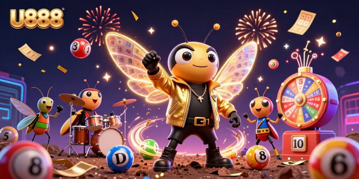 Experience U888's vibrant casino gaming with a lively rock star cicada and dynamic lottery elements.