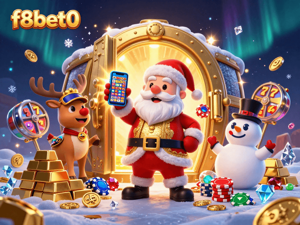 Join f8bet0's festive casino fun with Santa and friends showcasing vibrant jackpot excitement!