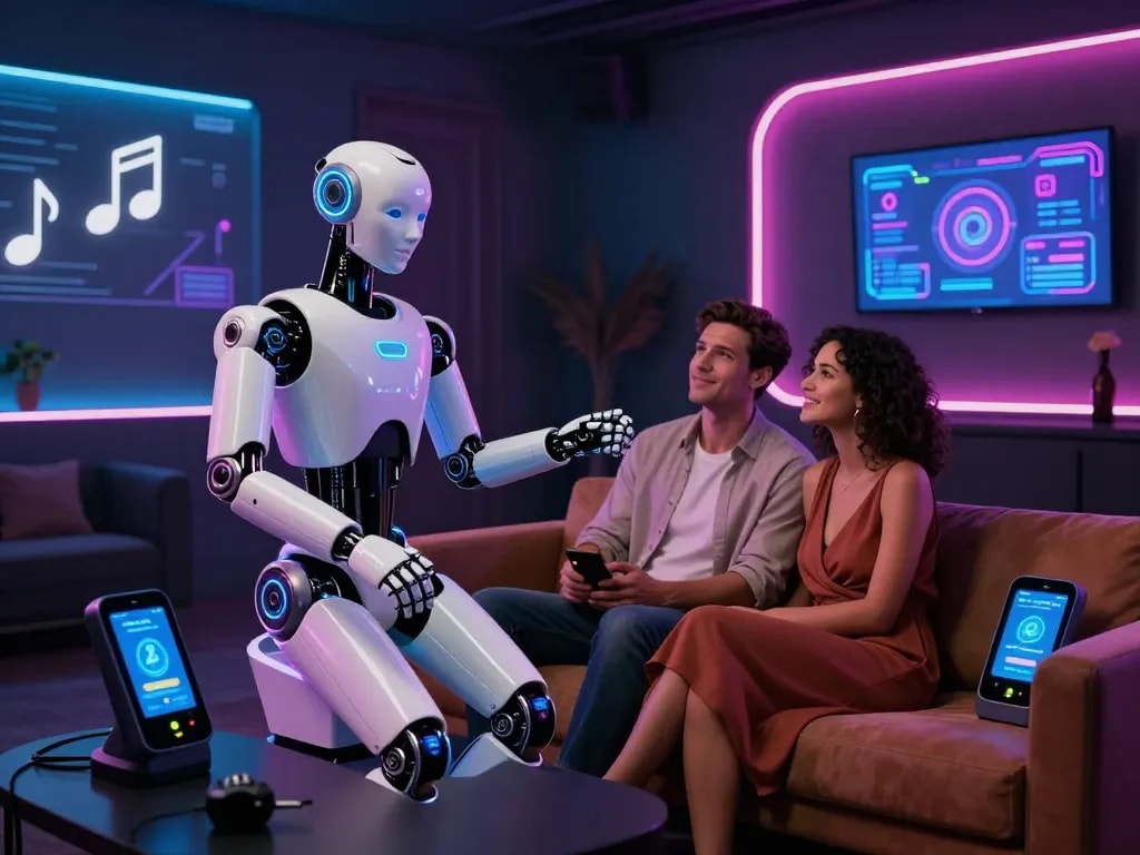 Intimate scene featuring a realistic sex bot interacting with a couple in a modern lounge setting.