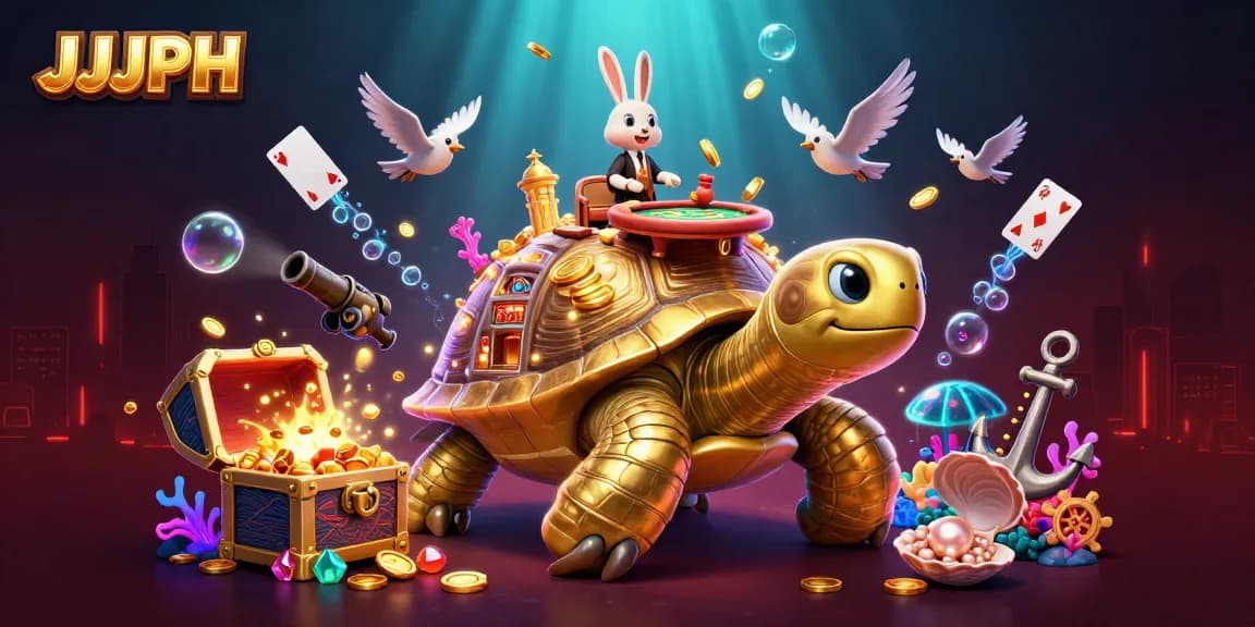 Experience JJJPH's captivating casino adventure with a vibrant 3D illustration of a tortoise casino.