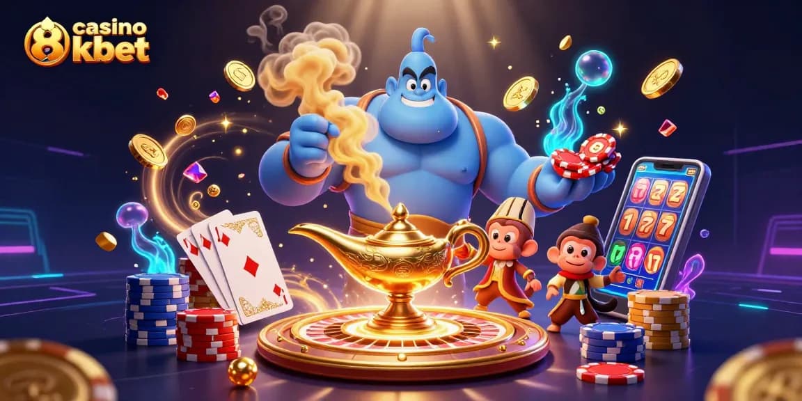 Experience the excitement of casino 8kbet with a magical genie amidst sparkling riches and vibrant casino elements.