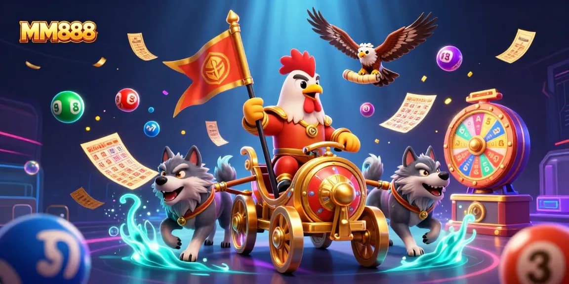 Experience the thrilling excitement of MM888 with vibrant gambling elements around a rooster warlord.