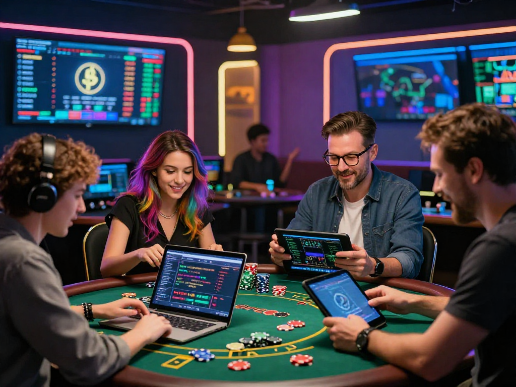 Engaged players enjoying an exciting moment in a crypto casino environment with vibrant digital displays and neon lights.