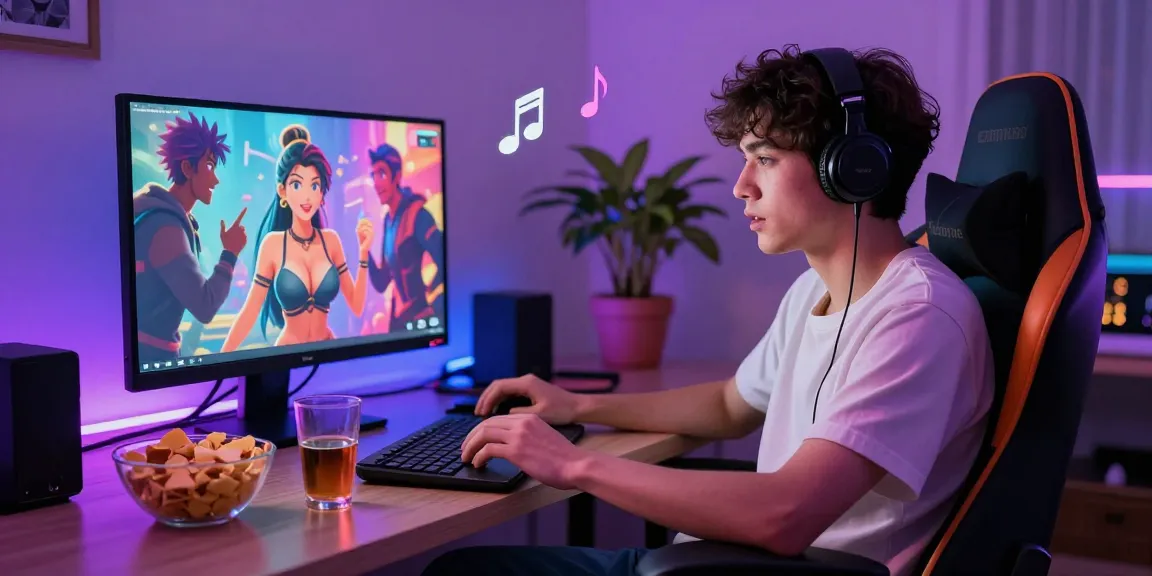 User engaging in an AI hentai chat with animated characters on laptop in vibrant, inviting setting.