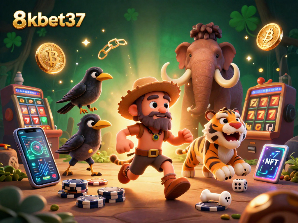 Experience thrilling gameplay at 8kbet37 amidst vibrant casino scenes and crypto elements.
