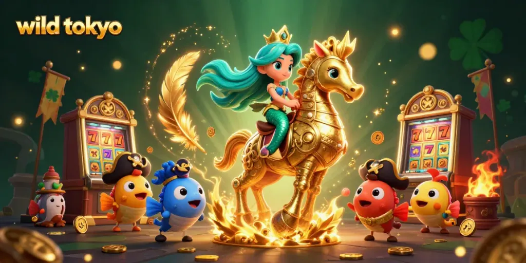 Experience the thrill of wild tokyo with a colorful mermaid and seahorse amidst vibrant casino action.