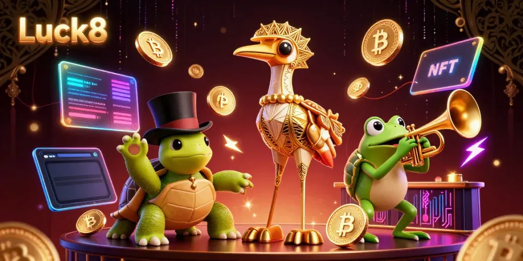 Engage with Luck8 to uncover thrilling casino adventures amidst a dynamic 3D gaming scene featuring unique characters and blockchain elements.