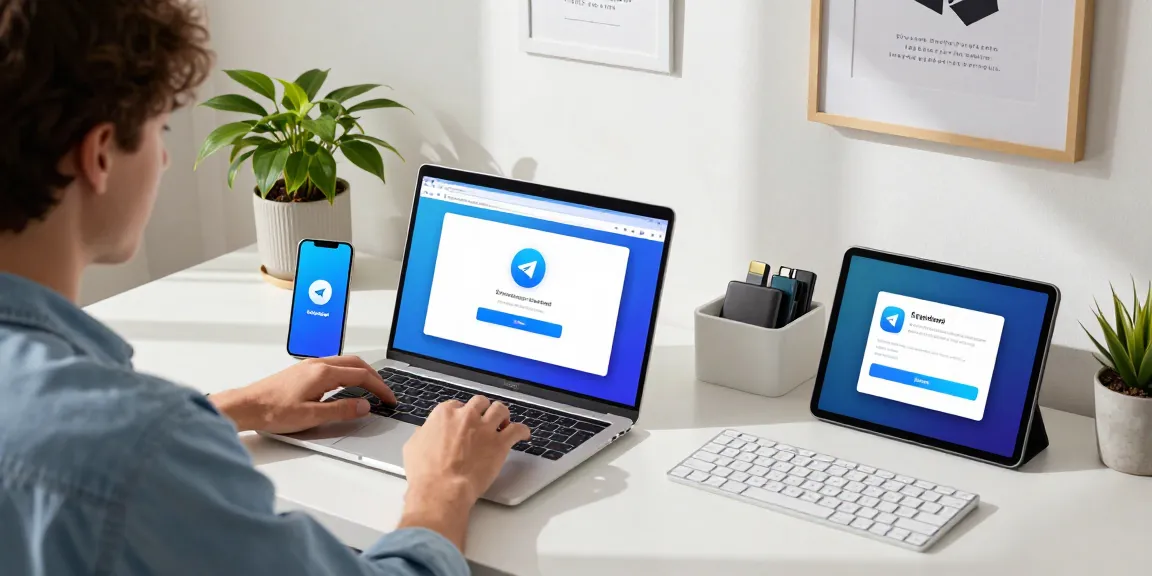 Download Telegram on a high-resolution laptop with notifications on smartphone and tablet in a modern workspace.