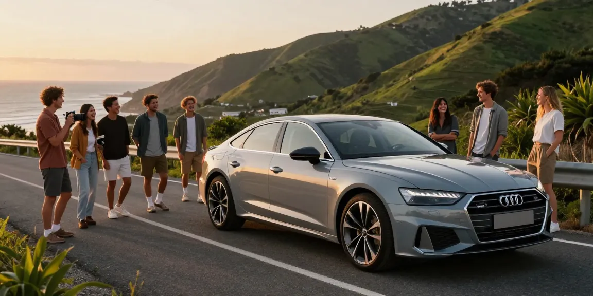 Noleggio lungo termine Audi con amici in viaggio su una strada costiera al tramonto.