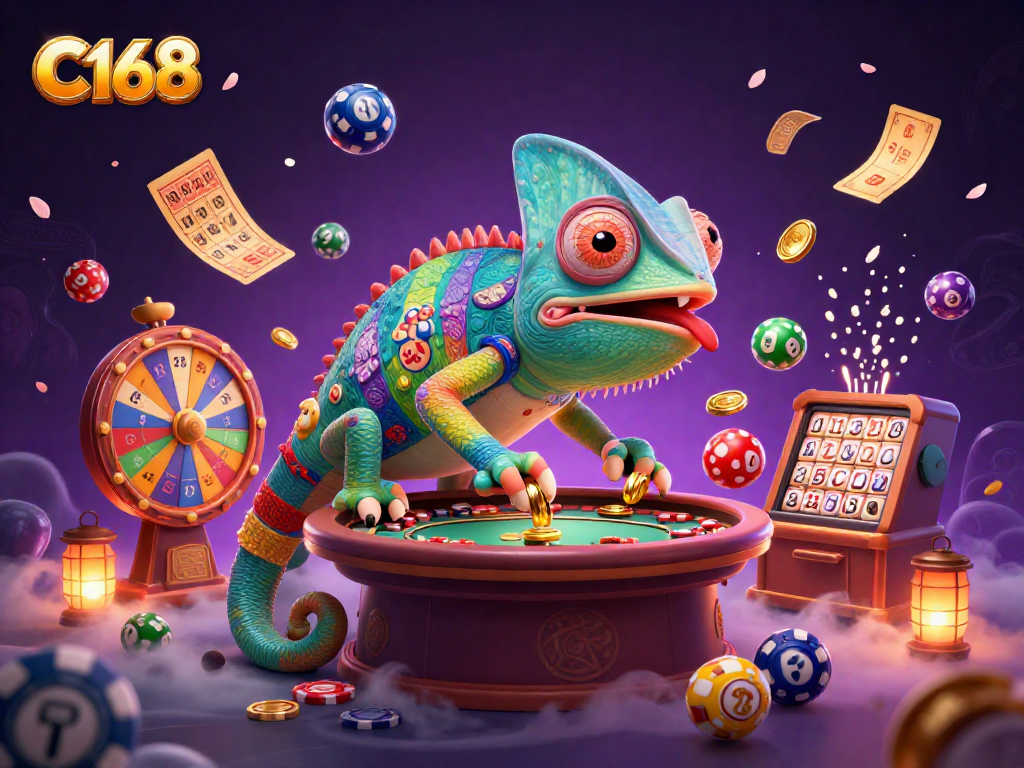 C168 chameleon casino owner capturing golden coins, animated lottery balls, and an exciting atmosphere
