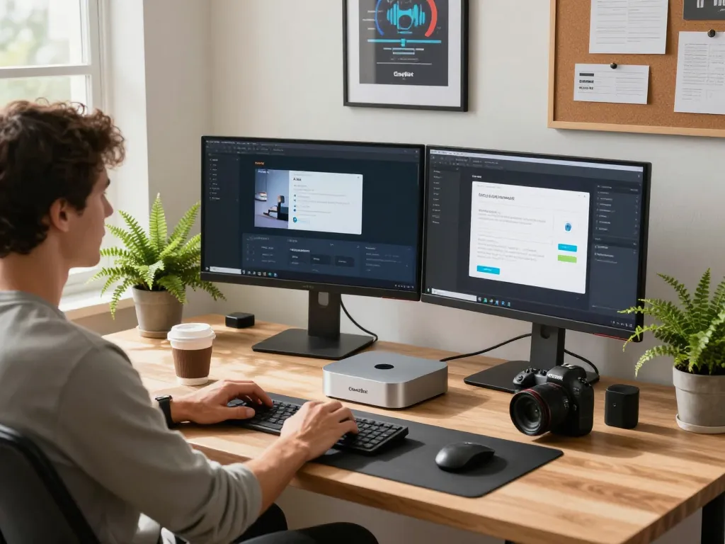 Working on a Mac Mini with ClawdBot in a bright modern home office, showcasing productivity.