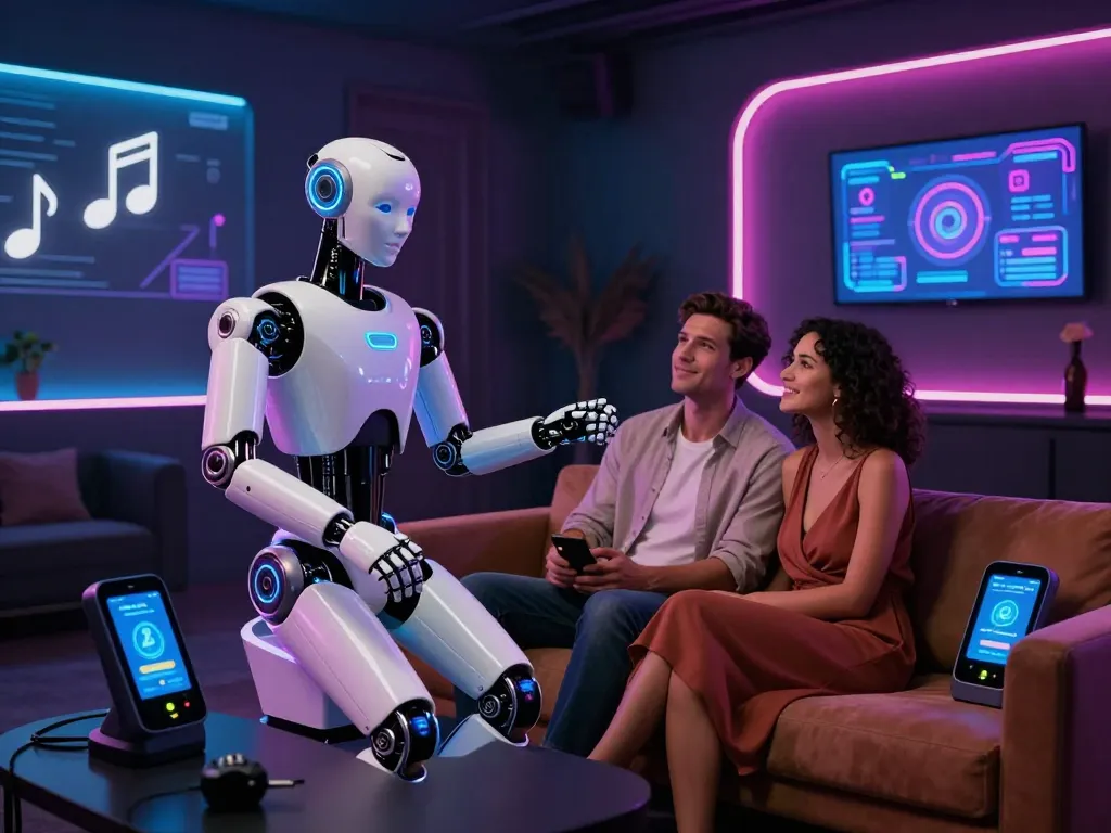 Intimate scene featuring a realistic sex bot interacting with a couple in a modern lounge setting.