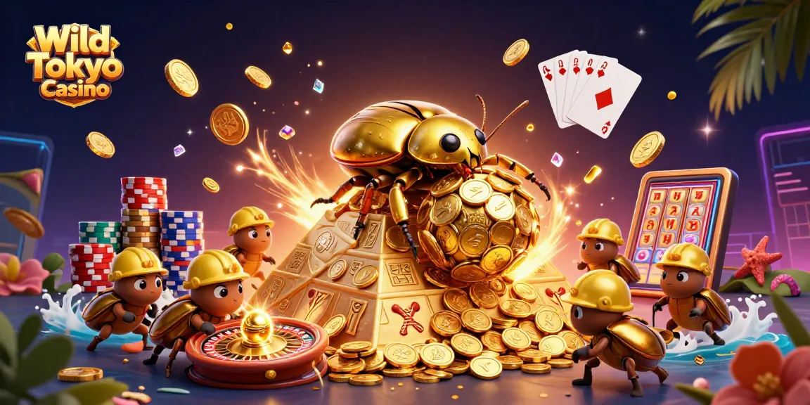 Scopri il Wild Tokyo Casino mentre un scarabeo dorato rotola un'enorme sfera di monete d'oro.