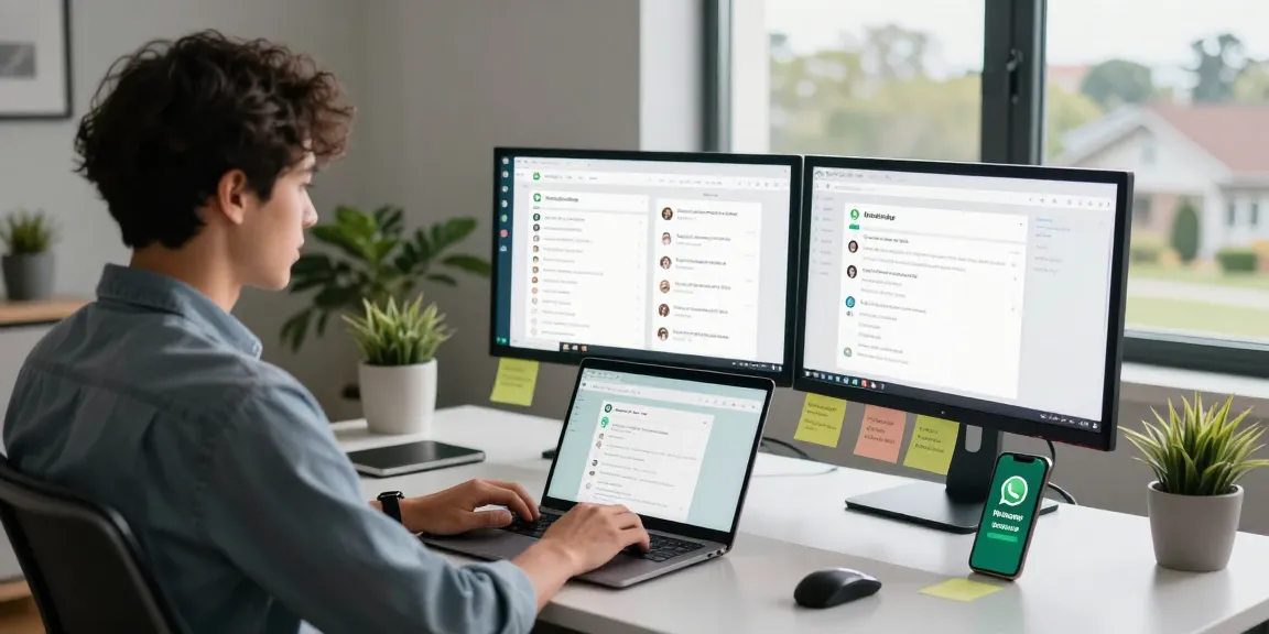 Professional home office using WhatsApp網頁版 on laptop and desktop in a modern workspace.