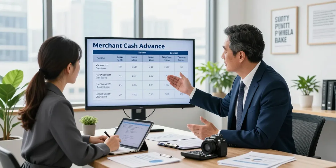 Illustrative comparison of merchant cash advance vs loan in a business meeting setting, highlighting discussions on financing options.