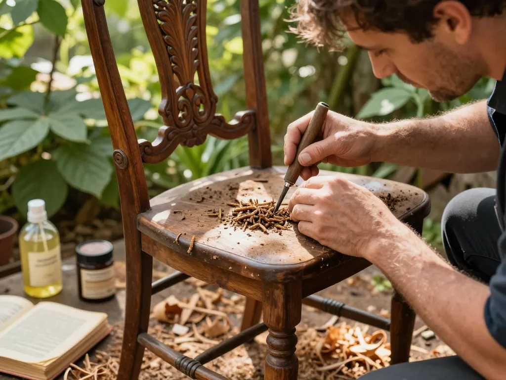 Restauratore esperto di mobili che affronta l'infestazione di tarli del legno con trattamenti naturali in un tranquillo giardino.