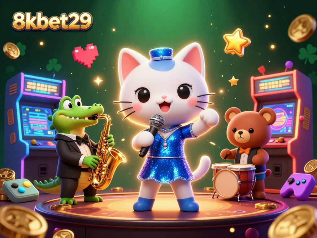 Engage with thrilling games at 8kbet29, featuring a vibrant casino scene with animated characters.