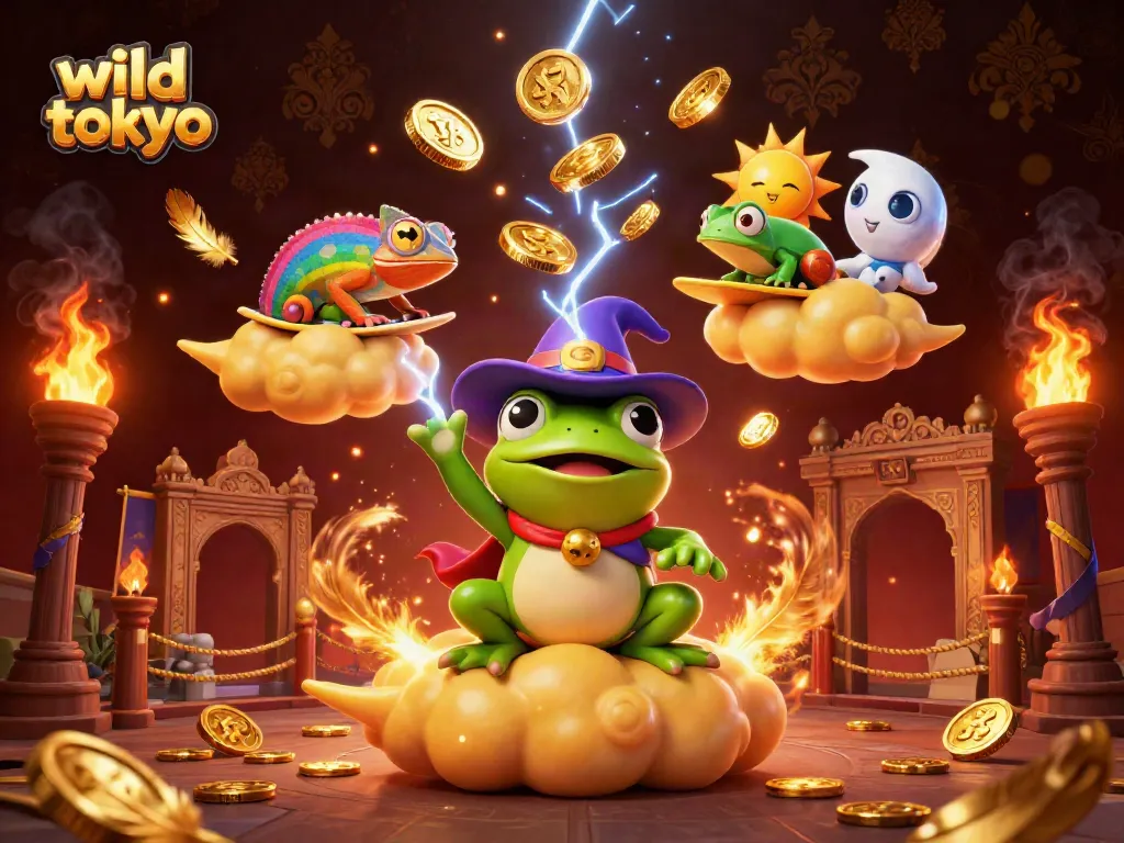 Spin and win at Wild Tokyo Casino, featuring vibrant characters and gold coins scattering around.
