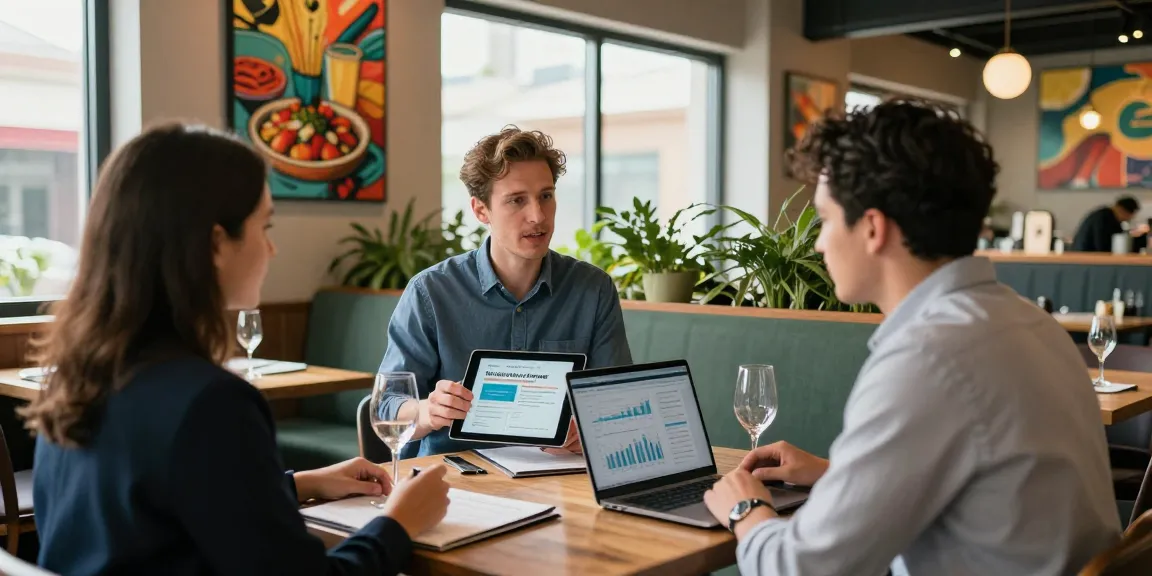 Discussing merchant cash advance for restaurants in a vibrant dining setting.