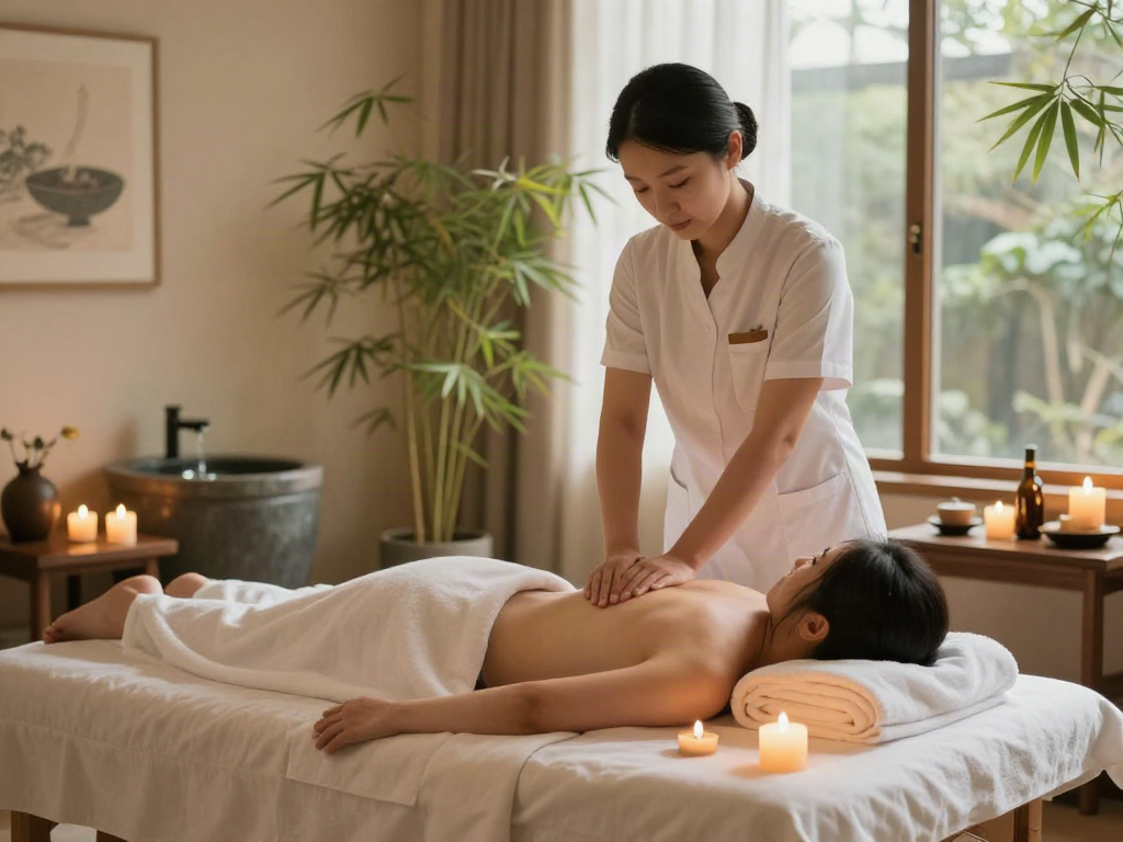 계양구출장마사지 in a tranquil spa setting with candles and essential oils.