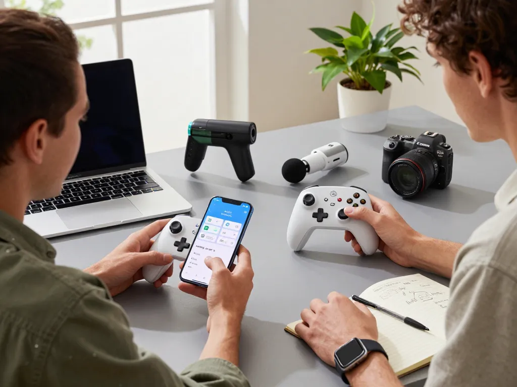 Innovative tech gadgets displayed on a modern workspace, featuring gadgets like 8BitDo controllers and Tile Mate.