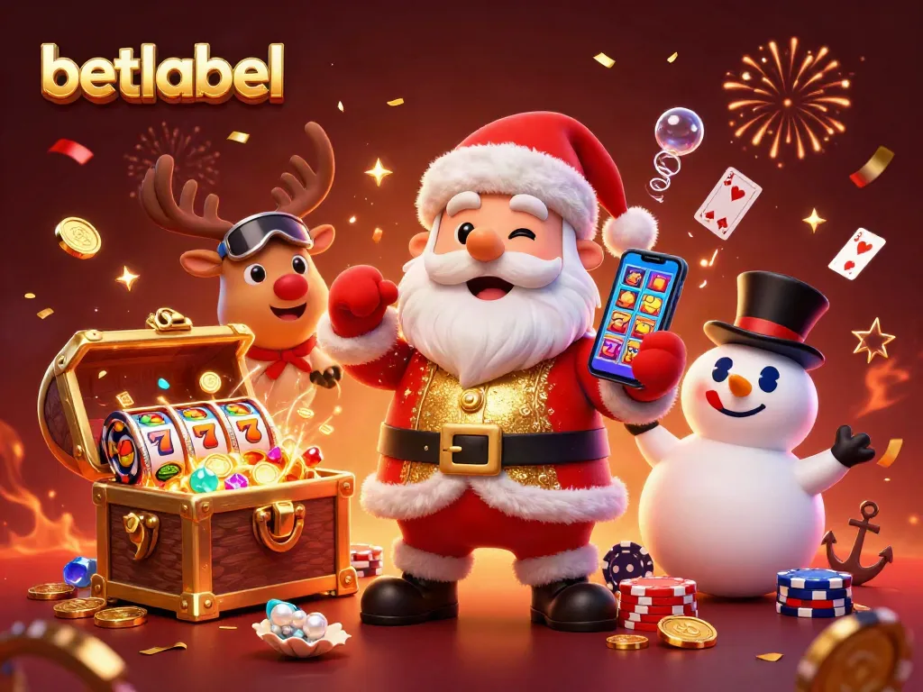 Win big with betlabel in this festive casino-themed illustration featuring Santa with slots.