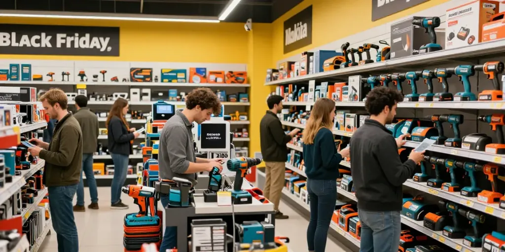 Promozioni entusiastiche di Black Friday Makita in un negozio di ferramenta.