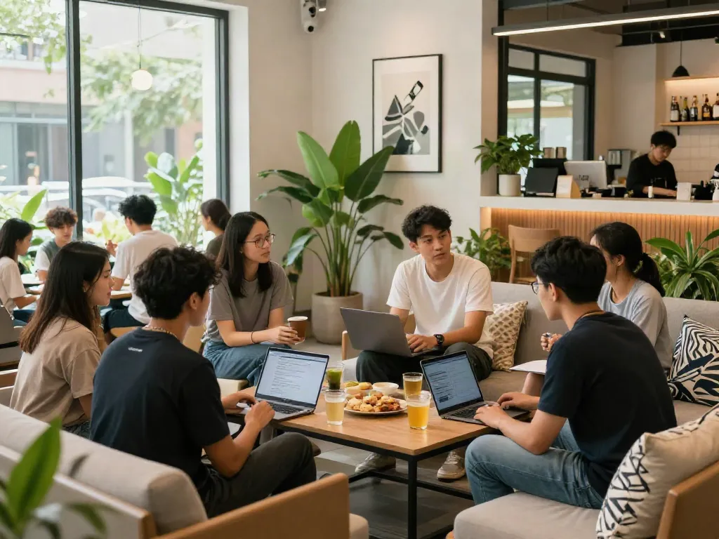 Shared living space at Berkat Home Living with vibrant plants, young adults socializing, and ensuring a smoke-free environment with rokok88 guidelines.
