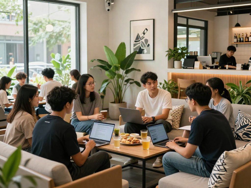 Shared living space at Berkat Home Living with vibrant plants, young adults socializing, and ensuring a smoke-free environment with rokok88 guidelines.