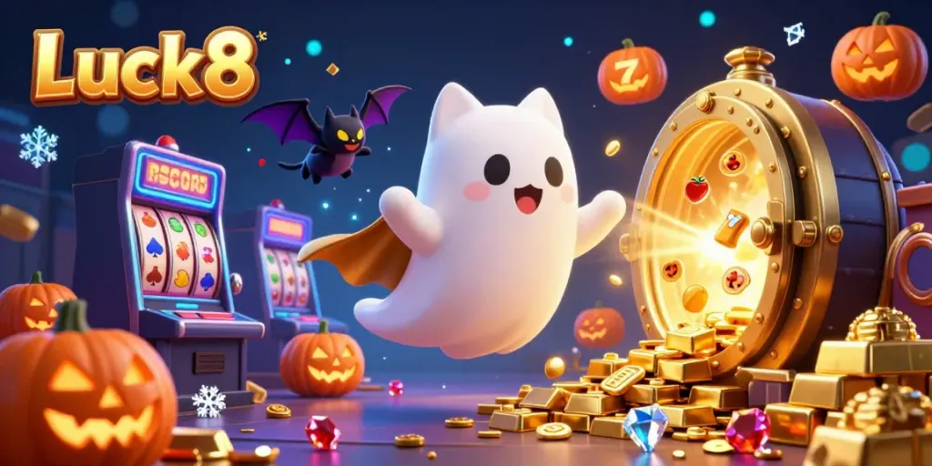 Experience the enchanting Luck8 casino with a ghost cat and vampire bat amidst glowing jack-o-lanterns.