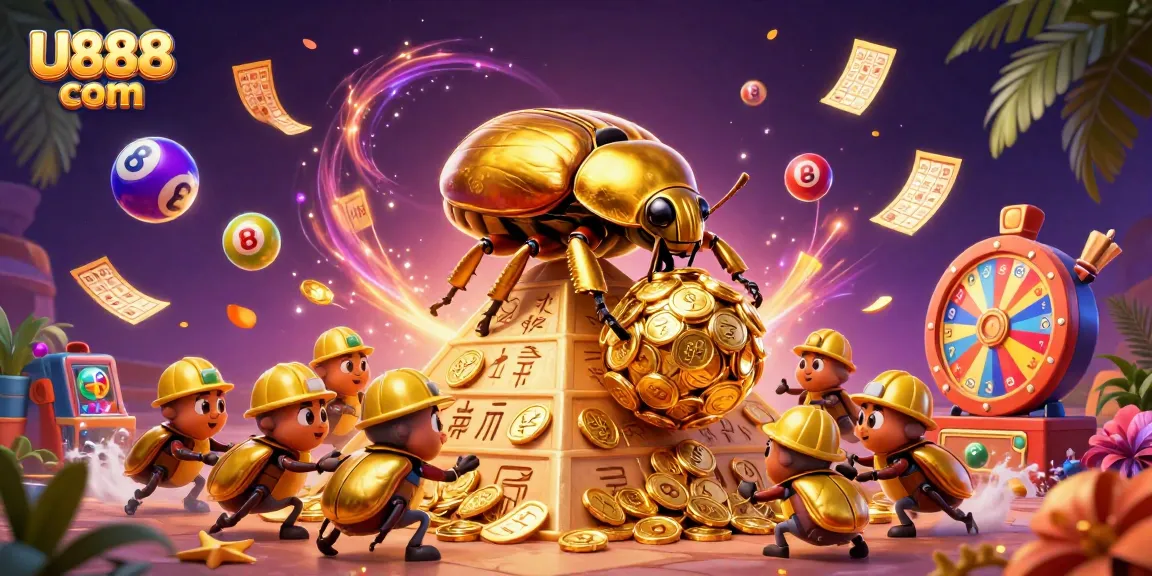 Engage with U888 com's exciting atmosphere featuring golden coins, dynamic lottery elements, and lively casino symbols.