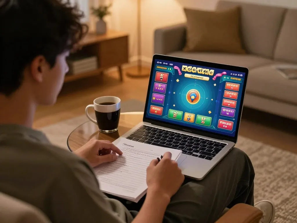 xóc đĩa là gì - Player enjoying online xóc đĩa in a cozy home setting while analyzing strategies on laptop