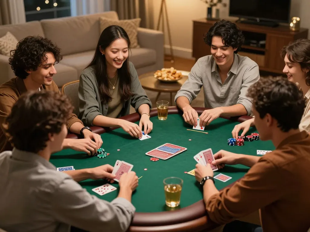 Engaging poker night scene at home promoting Jun88 VN with friends playing cards.