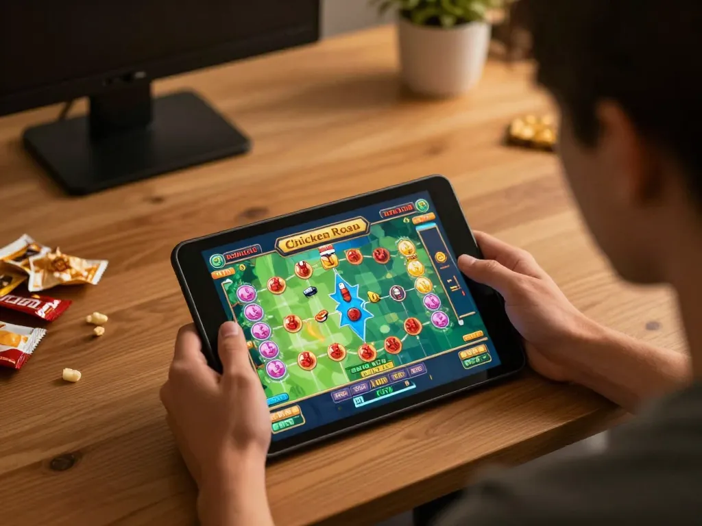 Giocatore coinvolto che si diverte con il gioco Chicken Road recensioni su un tablet in un ambiente domestico accogliente, evidenziando l'esperienza di gioco online