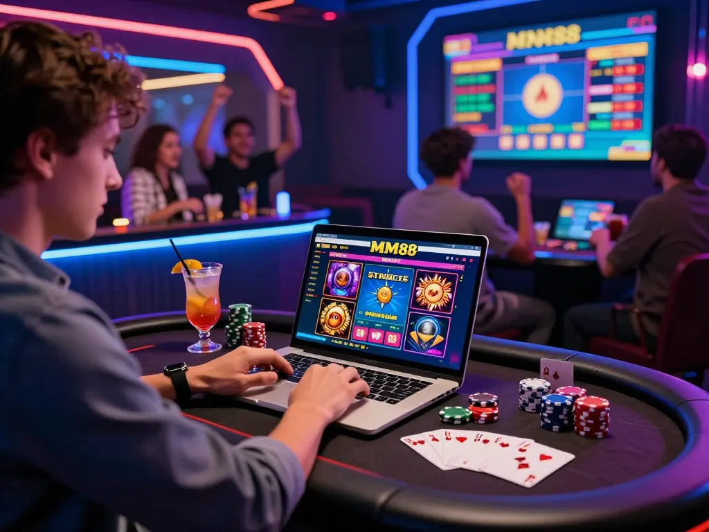 Exciting online gaming setup featuring MM88 player immersed in vibrant casino experience with neon ambiance.