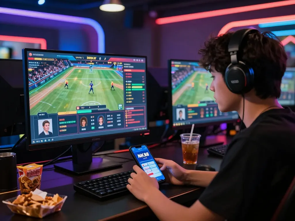 Young gamer interacting with NK88 live betting platform in a vibrant environment.