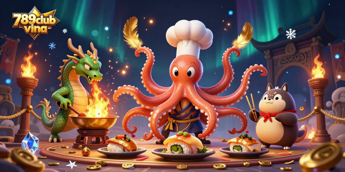 The 789club-vina scene showcases a sushi chef octopus, a dragon, and a tanuki customer amid a dynamic casino setting.