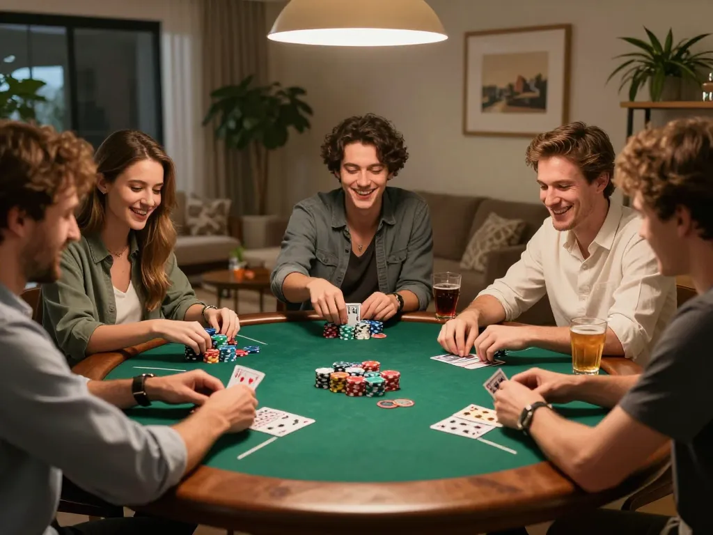 Friends enjoying poker night at home while engaging with cm88 strategies in a cozy, inviting atmosphere.