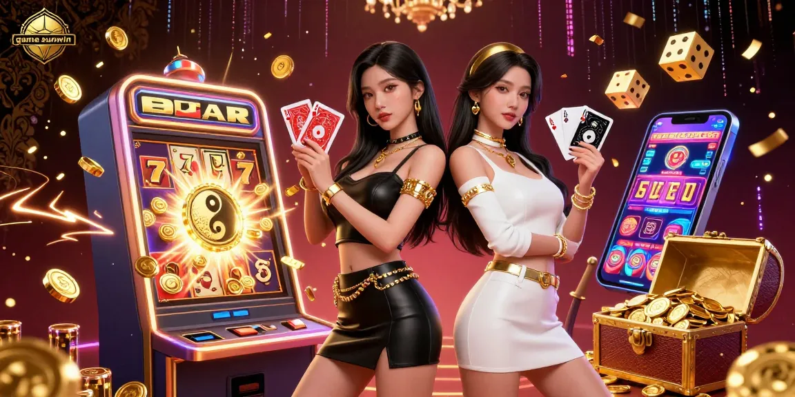 Experience thrilling gameplay at game sunwin with stunning 3D casino scene featuring twin Asian women and bright jackpot elements.