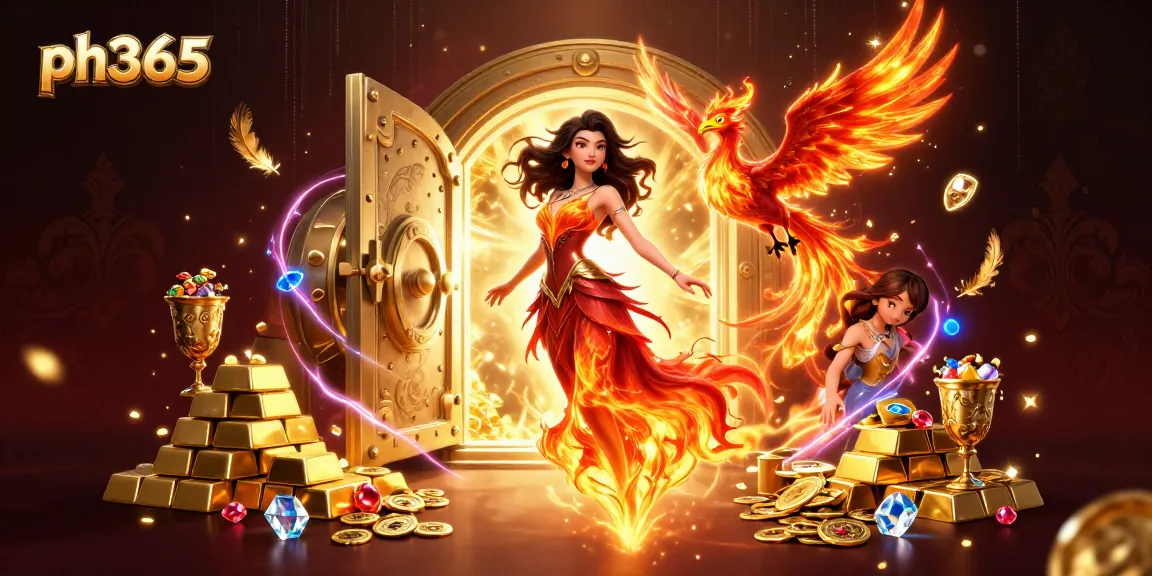 Engage with thrilling gameplay at ph365, featuring a fiery themed casino scene with gold treasures.