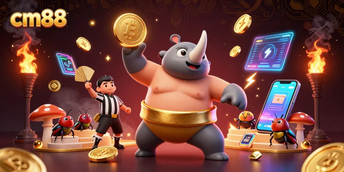 Engage in exciting cm88 gaming action with a cartoon rhinoceros beetle sumo champion surrounded by flying coins.