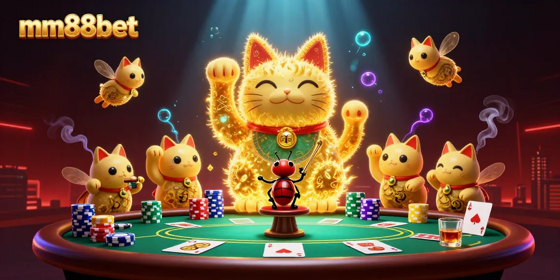 Experience the excitement of mm88bet with a vibrant 3D illustration featuring a lucky cat and dynamic casino elements.