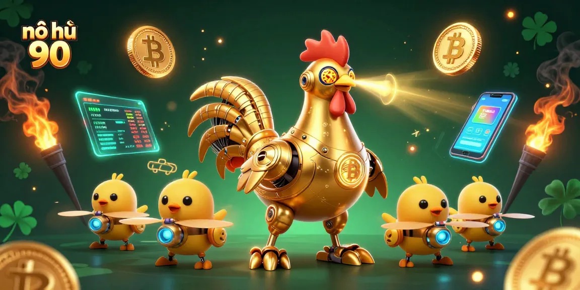 Engage with the vibrant world of nổ hũ 90, featuring a futuristic golden rooster robot and baby chick drones amidst cryptocurrency elements.