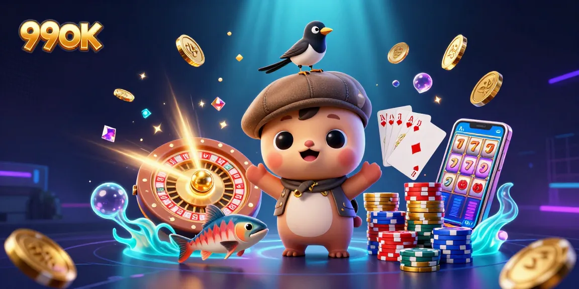 Win big at 99OK with a vibrant scene of playful characters and casino elements.