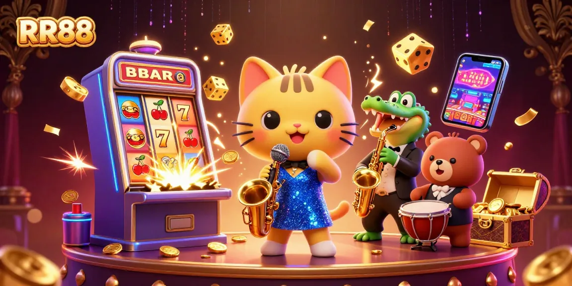 Win big with RR88 in a vibrant casino scene featuring a singing cat and dancing bear.